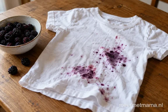 Wit kindershirt met bramenvlekken naast een schaal bramen