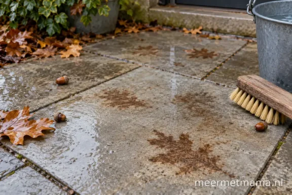 Bruine looizuurvlekken in de vorm van bladeren op natte terrastegels, met eikels en een schrobber